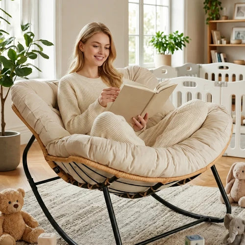 ROTEA - Rocking Chair Rotin Coussin XXL Lavable - Fauteuil à Bascule Bohème Toutes Saisons
