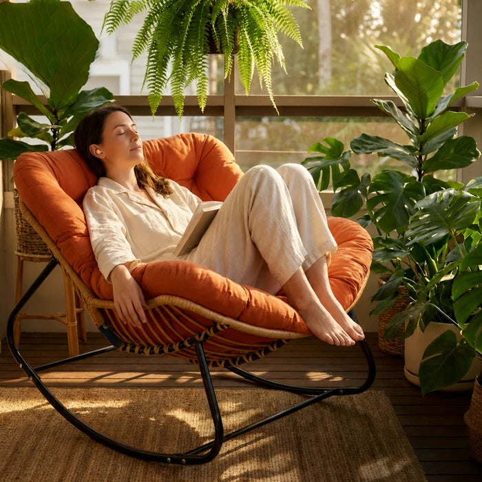 ROTEA - Rocking Chair Rotin Coussin XXL Lavable - Fauteuil à Bascule Bohème Toutes Saisons