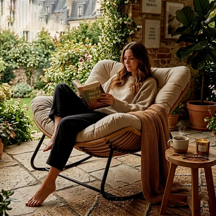 ROTEA - Rocking Chair Rotin Coussin XXL Lavable - Fauteuil à Bascule Bohème Toutes Saisons